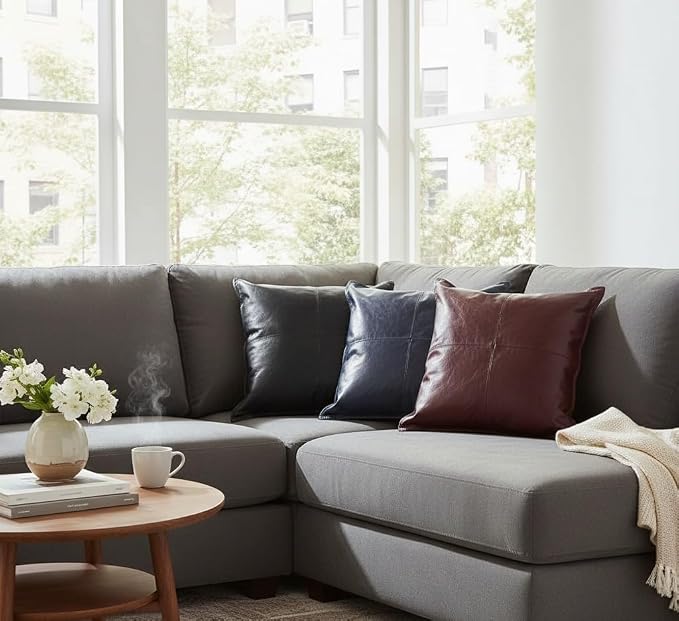 Genuine Leather Pillow Cover Case for Lumbar Throw Couch Pillows - Farmhouse Decorative Modern Sofa Thick & Soft Cushion Covers (Black, 22" x 22")