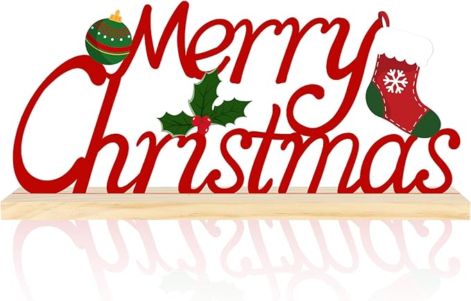 Metal Tabletop Decoration with Wood Base, Holiday Decorations for Home, Office, Shelf, Mantel, Indoor, Xmas Centerpiece Sign for Party Supplies