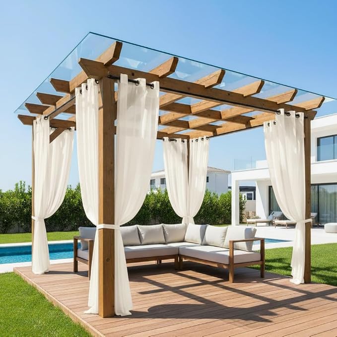 HolidayIdeas 4 Panels Outdoor Sheer Curtains for Patio Waterproof-Ivory Linen Semi Voile Indoor Sheer Curtains, Light Filtering Privacy Drapes for Living Room, Gazebo, Porch, Balcony, Pool 54"x84"