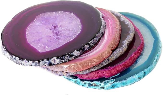 Natural Agate Coasters Set of 4, Dyed Purple 3-3.5" Geode Slices for Small Cups & Glassware, Unique Crystal Stone Decor with Rubber Bumpers