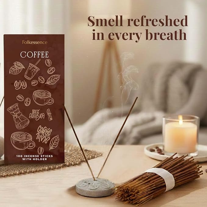 Folkulture Incense Sticks with Holder (100 Sticks)| Premium Coffee Incents Stick for Focus, Energy, Relaxation Gifts for Women | No Charcoal,Organic,Non Toxic, 45 Mins, Long Burning Insence-Sticks