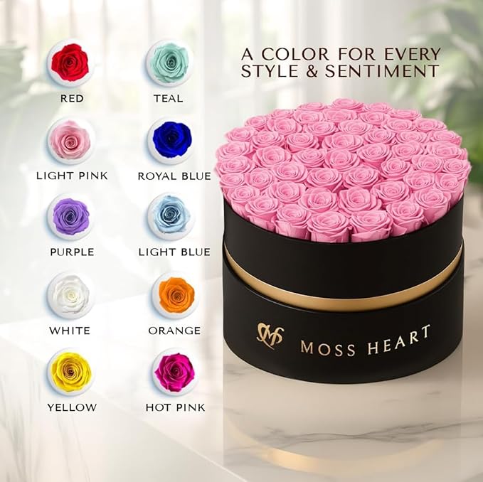 50 Petite Preserved Roses, Designer Round Box, Real Forever Roses Last 1+ Year, Premium Gift for Women, Wife, Girlfriend, Mother’s Day, Birthday, Anniversary, Valentine’s Day