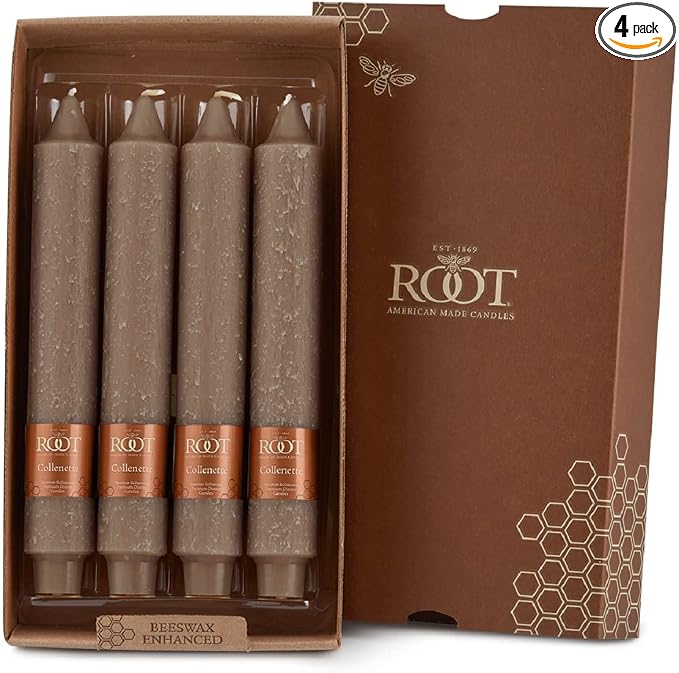 Root Candles 4-Count Unscented Dinner Candles Dripless Beeswax Enhanced Timberline™ Collenette Boxed Candle Set, 9-Inch, Portobello