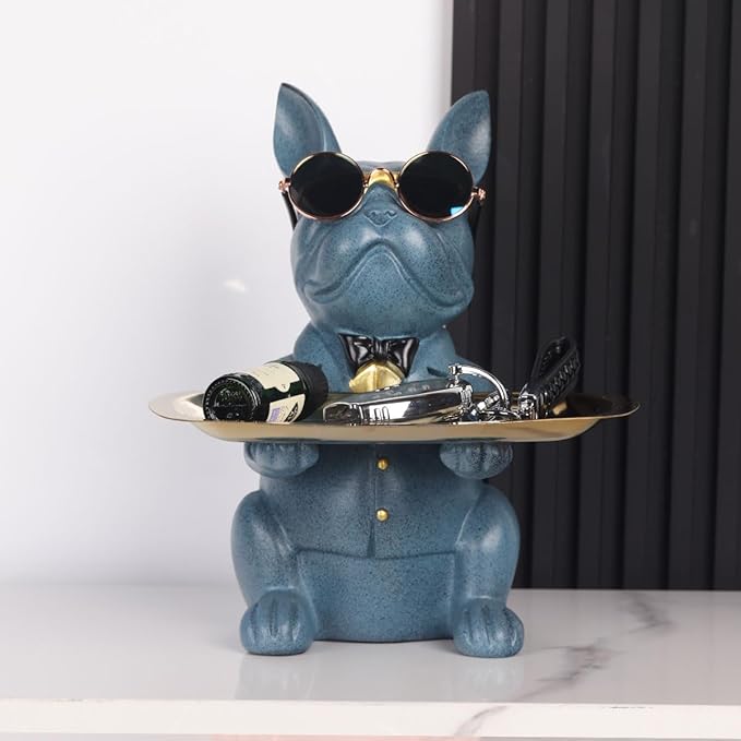 Modern Resin Blue Bulldog Statue Piggy Bank Key Holder Candy Jewelry Earrings Tray for Home Decor Modern Art Dining Table Decor Office