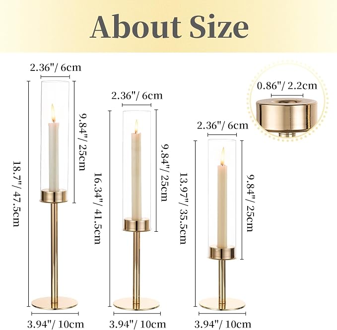 Hewory Gold Candle Holders Hurricane Candlestick Holders, 6Pcs Candle Stick Candle Holder Candelabra, Taper Candle Holders with Glass Candle Cover for Wedding Table Centerpiece Christmas Decor