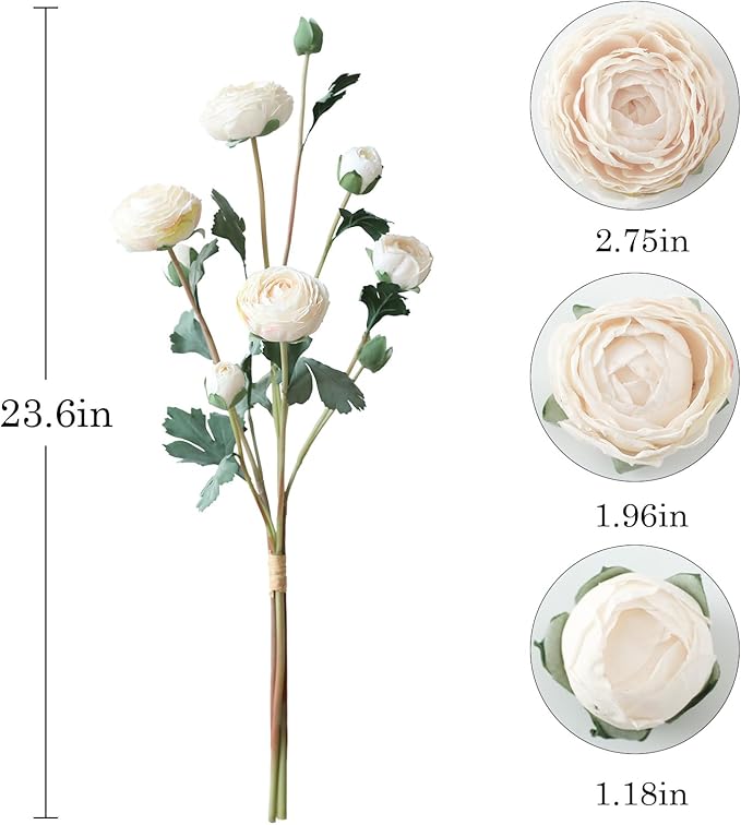 6Pcs Realistic Silk White Ranunculus Artificial Flowers Long Stems, 23.6" Tall Fake Flowers Faux Flowers Suit for Year-Round Home Decoration, Wedding, Bridal Bouquets, Office