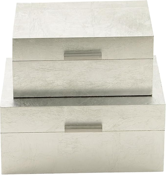 CosmoLiving by Cosmopolitan Wooden Decorative Box Decorative Keepsake Boxes with Textured Foiled Exterior, Set of 2 Storage Boxes 13", 11"W, Silver