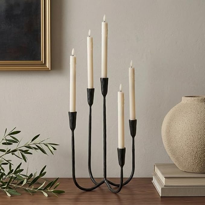 Denique 5-Arm Cast Iron Candelabra with LED Flameless Taper Candles and Remote, Tall Metal Vintage Candle Holder Centerpiece for Dining Table, Wedding and Event Decor, Black