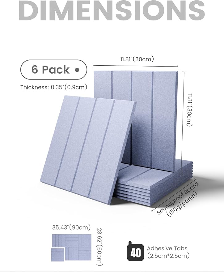 Fluxynara Felt Bulletin Board Tiles Large 36" x 24" Cork Board Alternative-6 Pack with 40 Adhesive Tabs, Thick Slat Wall Panels for Office Decor, Push Pin Board Wall Organizer - Soft Periwinkle