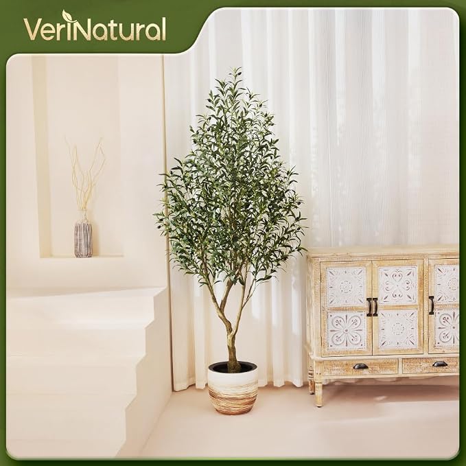 Artificial Olive Tree 7FT Fake Plants Indoor - UV Resistant Faux Olive Tree in Black Pot, Outdoor Tall Faux Silk Tree - Fake Trees for Modern Home Decor,Living Room, Office, Patio, Balcony, VN154