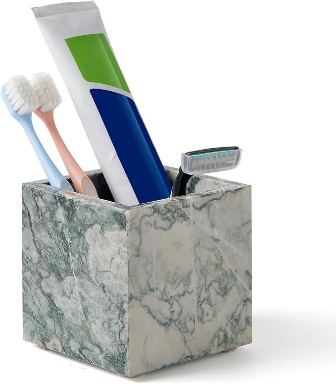 Real Luxurious Natural Marble Toothbrush Holder & Makeup Brush Organizer & Pen Holder for Desk,3.93inch Square Marble Utensil Holder Non-Ceramic/Non-Resin （Cyan Green）
