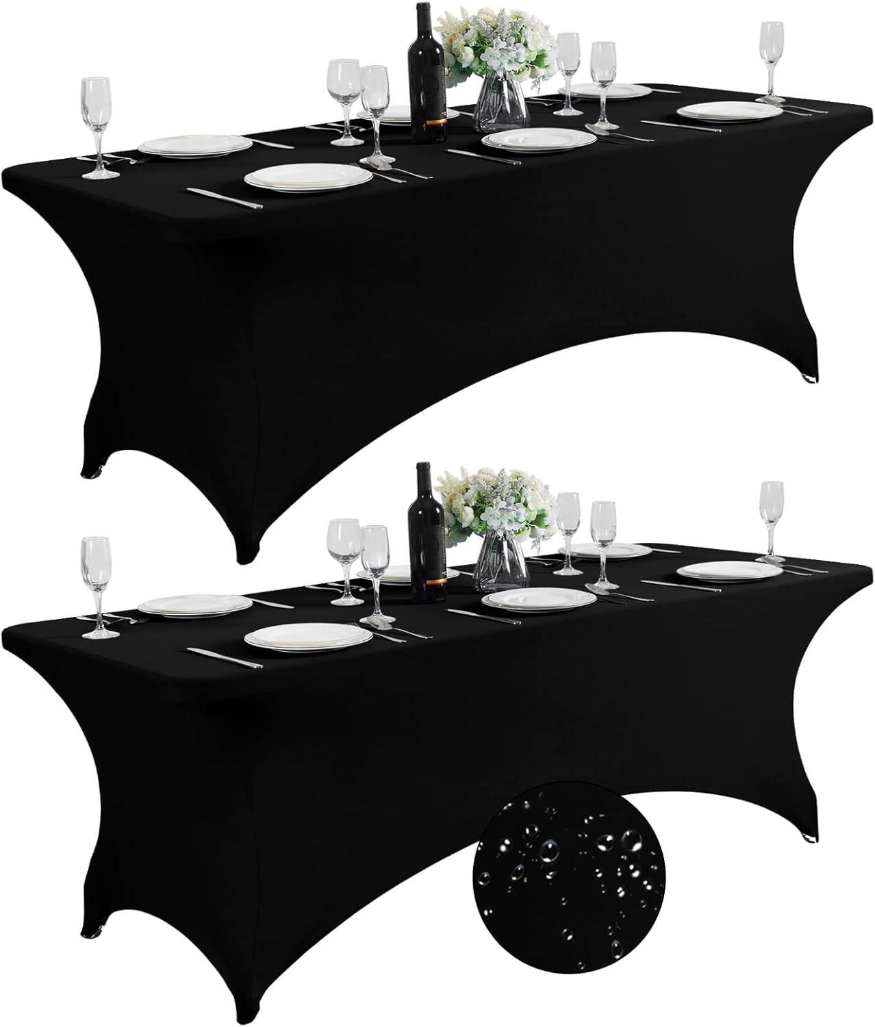 SuperO 2Pack Waterproof Spandex Table Cover for 8FT Table Universal Fitted Stretch Tablecloth for Party, Banquet, Wedding and Events-Black