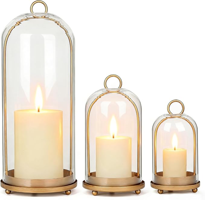 15"&9"&7" Hurricane Glass Candle Holders Set of 3, Metal Candle Holder with Handmade Glass Dome in Brass, Hanging Versatile Hurricane Glass Candle Holders for Pillar Candles (Candles Not Including)
