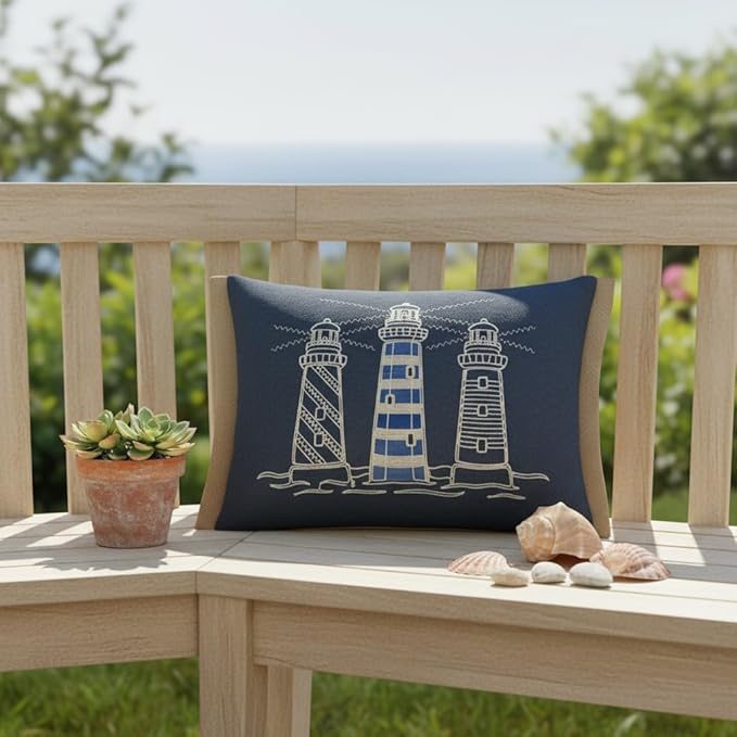 Comfy Hour Under The Sea Collection Ocean Coastal Three Lighthouses Accent and Throw Pillow Blue Decorative Cushion, 18"x13", Polyester