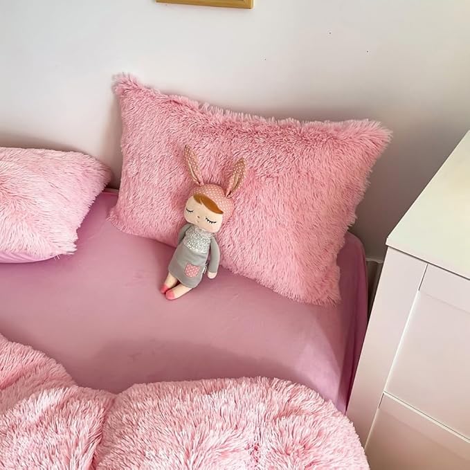 chovy Faux Fur Plush Light Pink Comforter Sets Twin/Full Size - Ultra Soft Shaggy Flannel Velvet Fluffy Fuzzy 3PC Bedding Set （Comforter x 1 Pillowcases x 2）