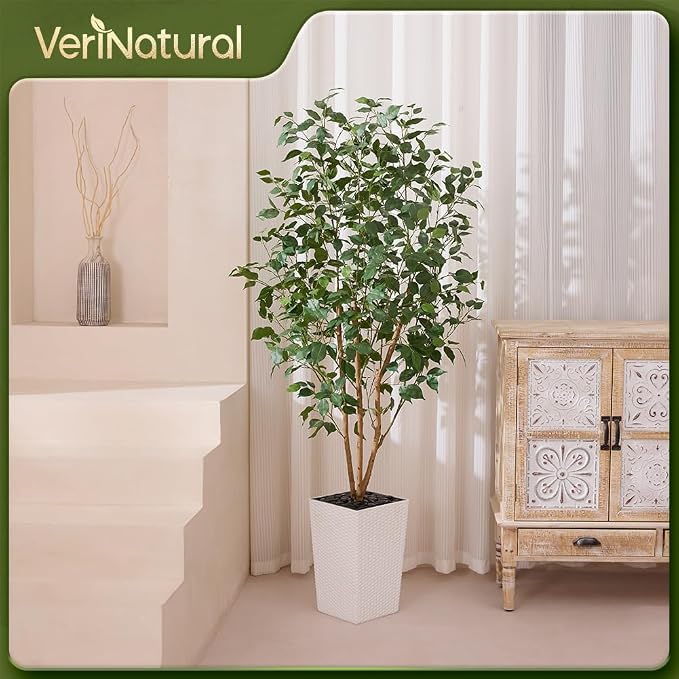 VeriNatural 6ft Artificial Ficus Tree-Tall Faux Tree with Pebbles & Planter UV Resistant Potted Fake Plant with Silk Leaves & Real Wood Trunk-Indoor Outdoor Floor Plant for Home,Living Room,VN129