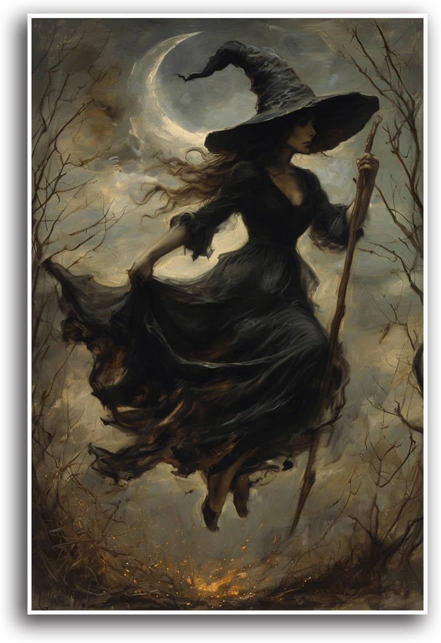 JFHCQJPK Witch in the Forest Halloween Print Wall Art Poster Witch Decor Vintage Print Dark College Wall Art Victorian Gothic Room Decor Canvas Wall Print24x36in Frameless
