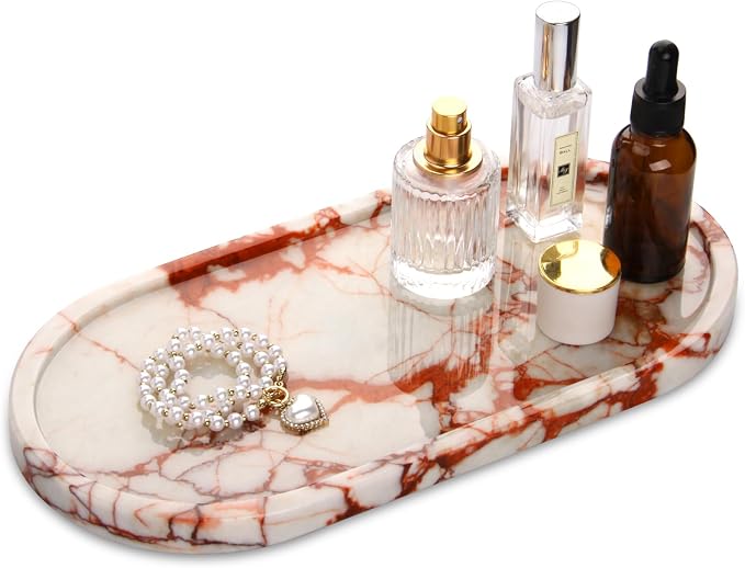 Oval Marble Bathroom Vanity Tray, Natural Luxury Marble Home Kitchen Bathroom Table Tray, Stone Decorative Countertop Tray for Coffee Perfume Jewelry (Calacatta Red, 12" x 6" x 0.8")