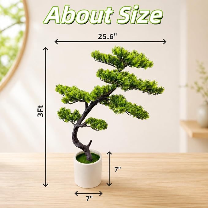 3FT Artificial Bonsai Pine Tree, Realistic Faux Pine Bonsai with Natural-Looking Trunk and Moss Pot, Maintenance-Free Indoor Artificial Tree for Living Room, Office, Entryway Decor