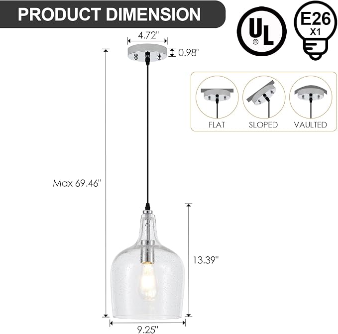9” Chrome Seeded Glass Pendant Light Modern 1 Light Single Dome Pendent Lighting Fixtures for Kitchen Island Dining Room Hallway, UL Listed