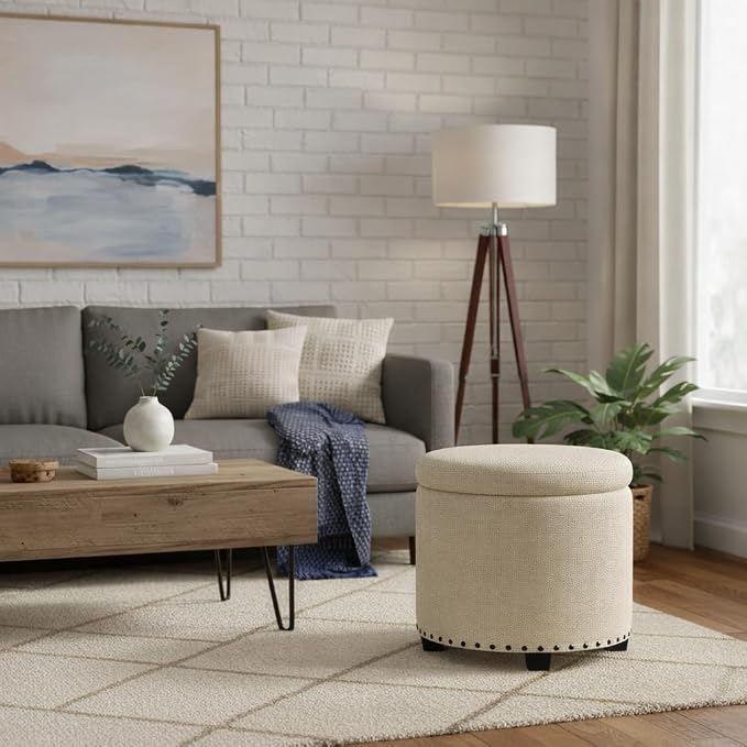 HomePop 18.5" Round Storage Ottoman with Nailheads - Cream Woven