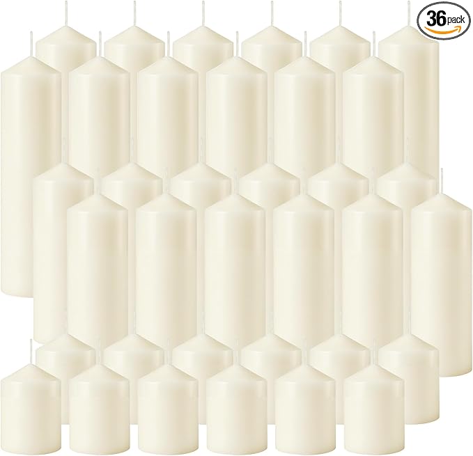 Pillar Candles Bulk Set - Unscented, Smokeless, Dripless | 3 Sizes: 2x3, 2x6, 2x8 Inches | Ideal for Weddings, Christmas & Home Decor (36, Ivory White)