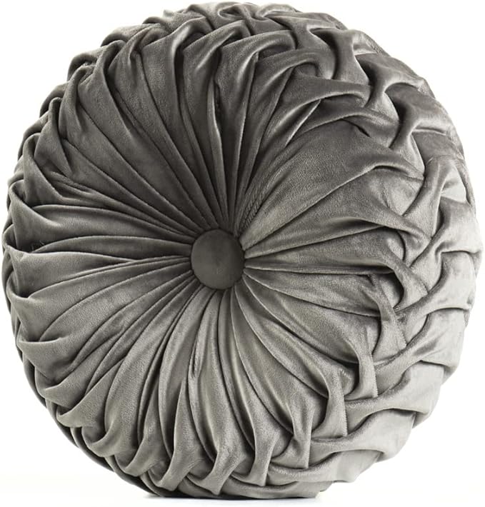 MOJUN Velvet Throw Pillow - Round, Pleated, Filled - Home Decorative Pillow for Couch, Chair, Bed, Car, Floor (Dark Grey, 14inch)