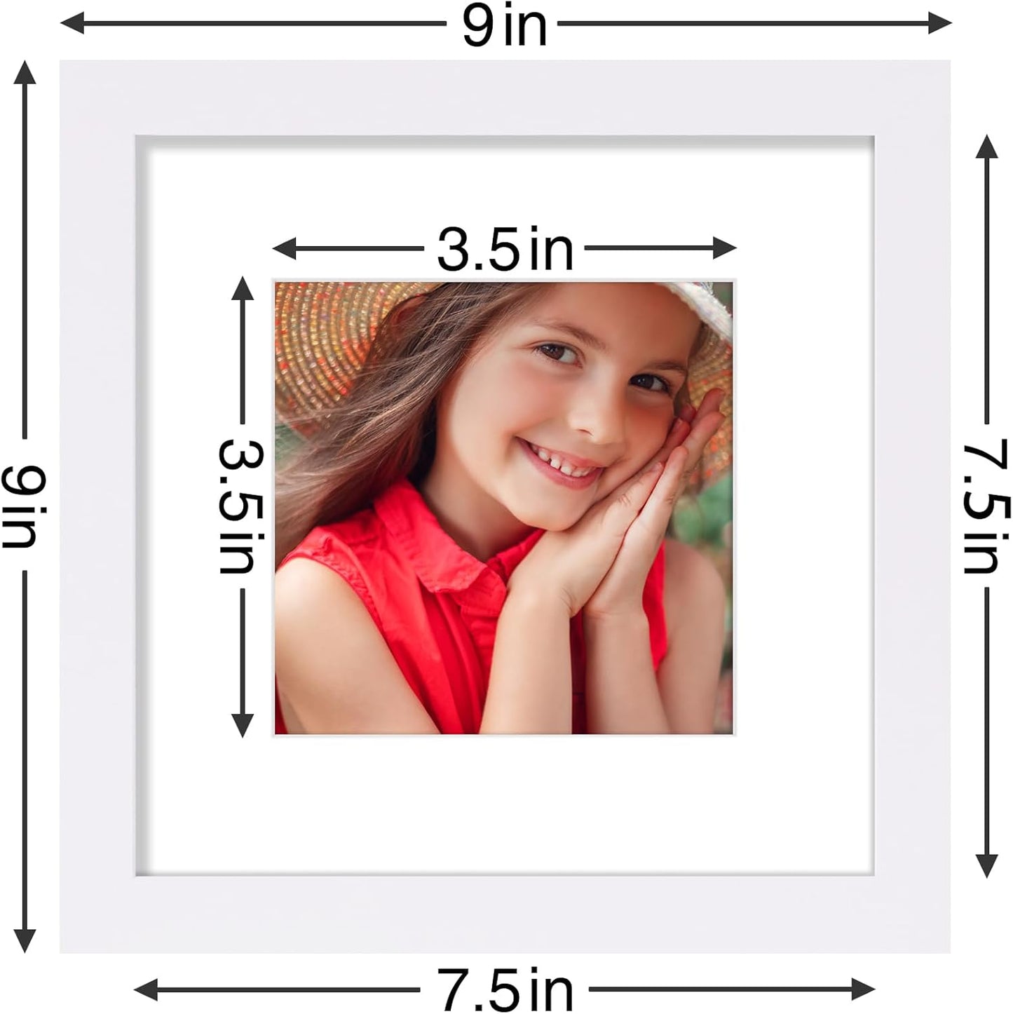 Vittanly 8x8 Picture Frames Set of 9, Shatter Resistant Plexiglass, Display 4x4 Pictures with Mat or 8x8 without Mat, Photo Frames for Wall Mount, Engineered Wood, White