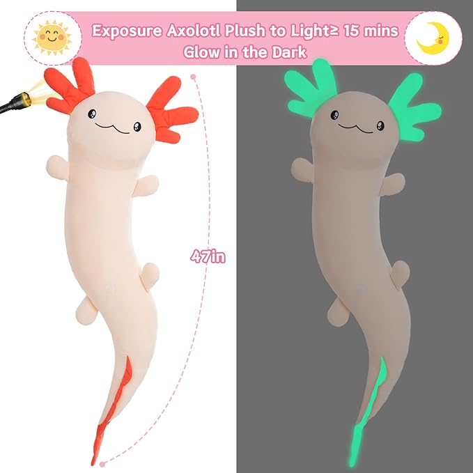 MaoGoLan Giant Axolotl Plush Toy Stuffed Animal, Huge Axolotl Body Pillow for Kids Girl Boy, Big Salamander Plush Glow in the Dark, Birthday Easter Baby Shower Party Gifts Decor Pink