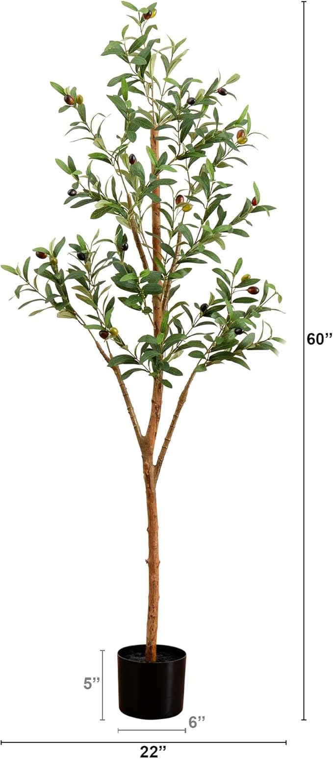 Nearly Natural 5FT Tall Silk Faux Olive Tree for Home and Office Decor, Fake Potted Tree with Natural Wood Trunk, Realistic Branches and Lifelike Fruits