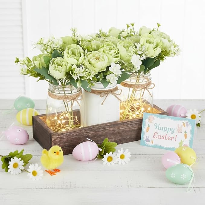 Mkono Mason Jar Lights Centerpiece Table Decorations for Dining Room Farmhouse Coffee Table Decor, Wood Tray with 3 Jars Flowers for St. Patrick's Day, Easter, Spring Home Decor