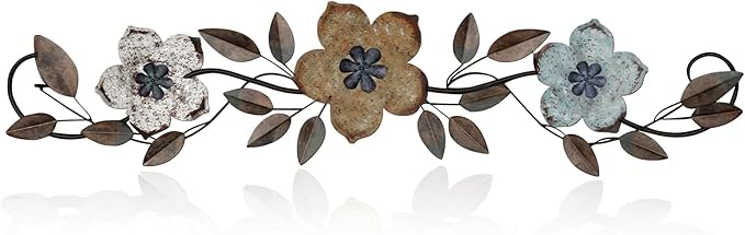 Wesiti Metal Flower Wall Decor Vintage Spring Metal Flower Wrought Iron Scroll Sculpture 15.7''x3.7'' Farmhouse Leaves Wall Decor with Nails for Spring Living Room Bedroom Indoor Outdoor(Colorful)