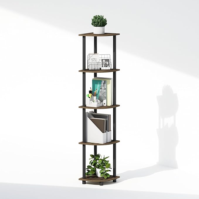Furinno Turn-N-Tube Storage Shelves, 5-Tier Book Shelf, Corner Shelf, Toolless Open Shelves, for Organization and Storage, Living Room, Home Office, Hallway, Bedroom, Columbia Walnut
