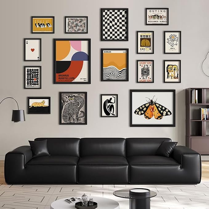ANERZA 16 PCS Framed Eclectic Wall Art Decor, Modern Maximalist Wall Prints for Bedroom, Vintage Gallery Wall Frame Set, Bauhaus Funky Posters for Home Decor, Retro Abstract Dorm Collage Kit