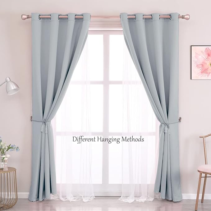 Short Light Gray Blackout Curtains with White Sheer - Double Layered Grommet Window Treatment Decorations for Bedroom Living Room Nursery, 52 x 54 in, 2 Panels