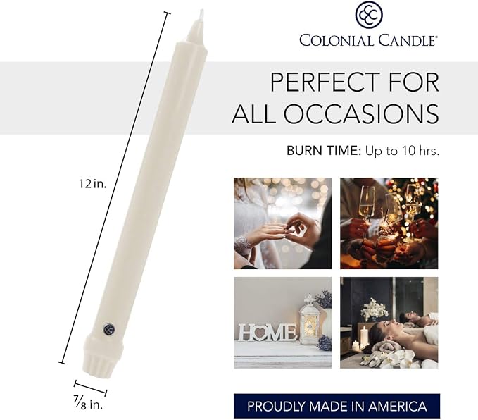 Colonial Candle Unscented Taper Candle, Classic Collection, Indigo, 12 In, Pack of 12 - Up to 10 Hours Burn