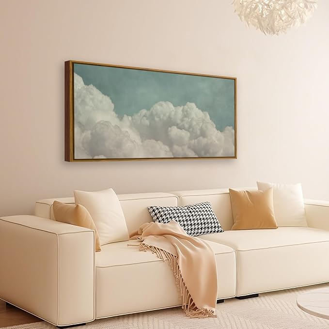 QTUSYUR Sage Green Cloud Wall Art - Large Farmed Floating Art Print -Surreal Sky Canvas Artwork for Bedroom Living Room Yoga Room- Minimalist Zen Peaceful Wall Picture for Over the Bed Decor 20×40 IN