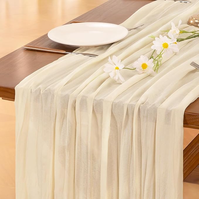 Socomi 10pcs Beige Easter Spring Cheesecloth Table Runner Boho Rustic Gauze 120 inch 10FT Cheese Cloth Runner for Wedding Party Baby Shower Birthday Home Decor Holiday Decorations