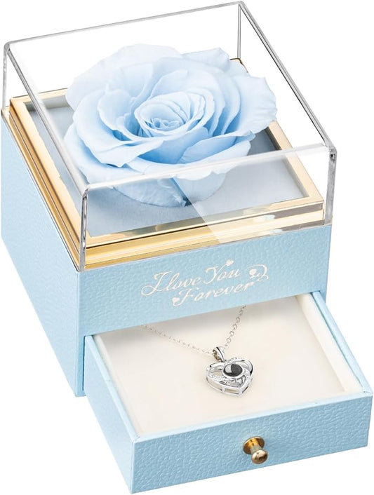 ASELFAD Preserved Real Rose with Heart Necklace -I Love You Forever Eternal Rose for Her, for Mom, Wife, Anniversary or Birthday Gifts for Women, Light Blue