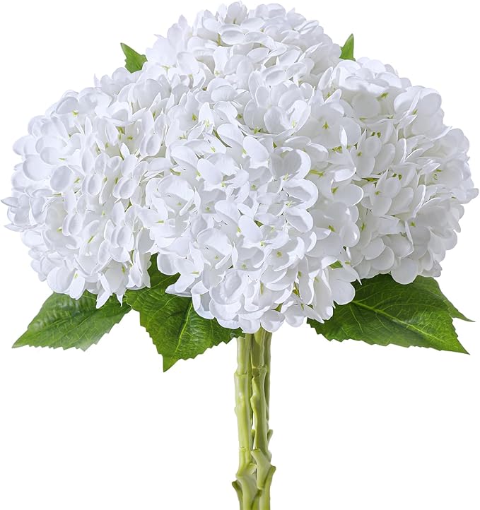 4 Pcs Artificial Hydrangea Silk Flowers with Stems, 19.7" White Faux Hydrangeas Bouquet, 240 Petals, UV Resistant & Waterproof Fake Flower for Outdoor Wedding Home Decor