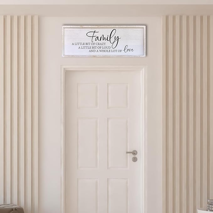 Family A Little Bit Of Crazy Sign Wall Decor 40"×15" Rustic Farmhouse Living Room Large Soild Wood Framed Hallway Hanging Sign Aesthetic Inspirational Quotes Entryway Home Wall Art (White)