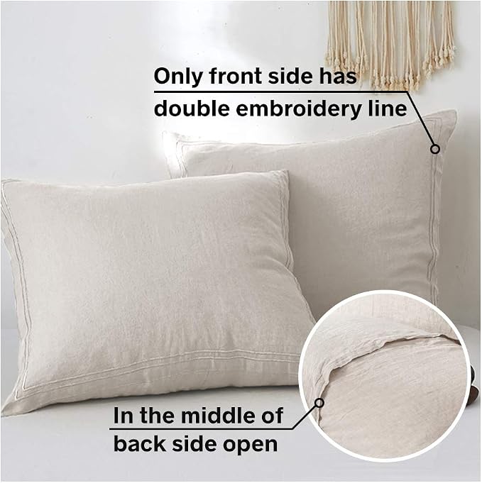 Simple&Opulence 100% French Linen Euro Shams with Embroidery (26'' x 26'') - Pack of 2 - Pre Washed Solid Color Natural Flax Soft Breathable - Linen