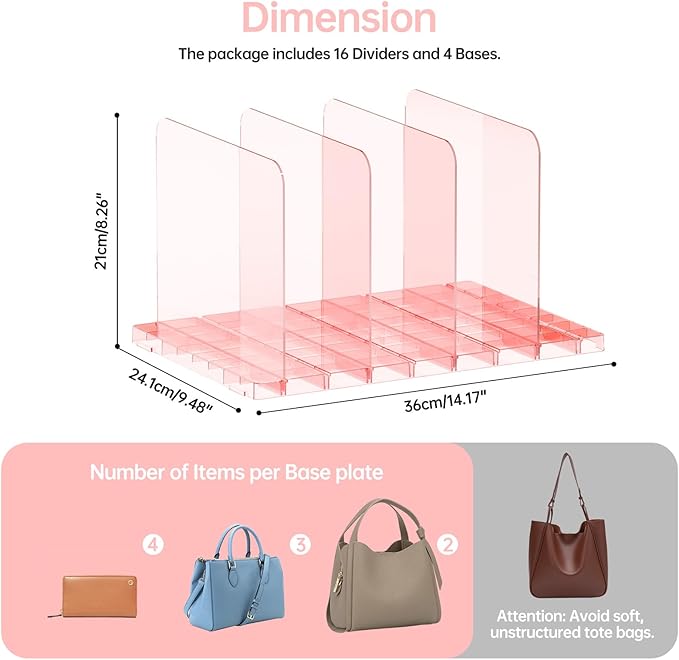 PAVSTINE Purse Organizer for Closet, Stackable Handbag Storage Shelf, Adjustable Clear Shelf Dividers, Keep Clutch, Bag, Pocketbook Upright, for Bedroom(Pink)