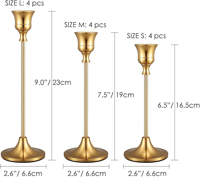 Brass Gold Taper Candle Stick Holders Set of 12, Wedding Table Decor | Aluminum Alloy, Brushed Plating, Rust Proof, Non-Slip Base, 12 Pcs 3 Sizes, Fits 0.75" Taper LED Candles, Easy Assemble, Gift