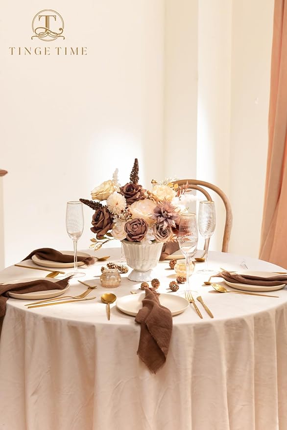 TINGE TIME Silk Fake Flowers Combo, Fake Foam Roses with Stems for DIY Wedding Bouquets Centerpieces Baby Shower Party Home Decorations(Brown & Nude Color)