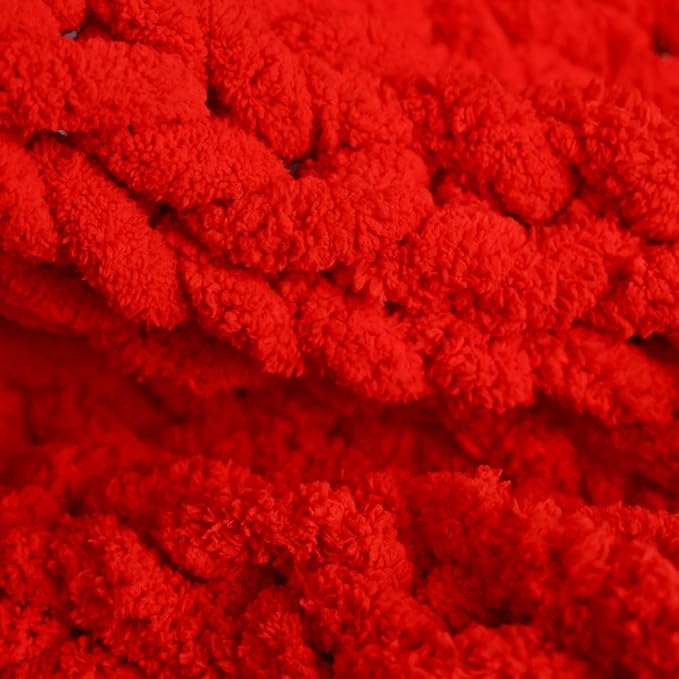 Handmade Chunky Knit Blanket, Cosy Chenille Throw (Red, Throw (50" x 60"))
