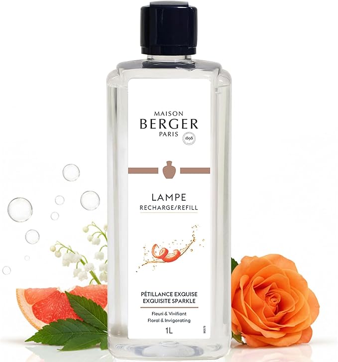 Maison Berger Exquisite Sparkle Lampe Berger Refill, 1 Liter (33.8 fl oz), 2-in-1 Catalytic System, Neutralizes Odors and Diffuses Fragrance, Grapefruit, Rose, Made in France