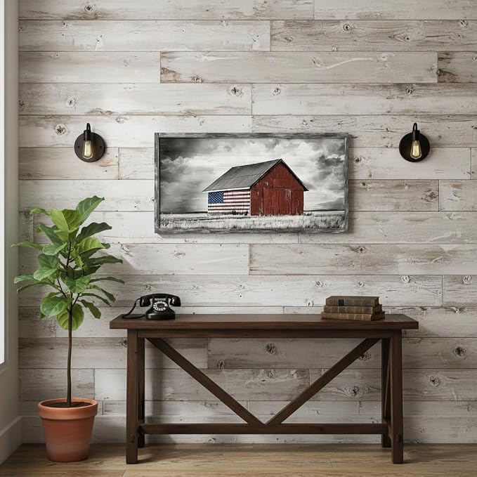 Barn Picture Framed Wall Art: Rustic Black White Farmhouse American Flag Print Wood Decor Horizontal Patriotic Country Farm Artwork Panoramic Living Room Nature Landscape Rural Countryside Scene Painting for Home Bedroom