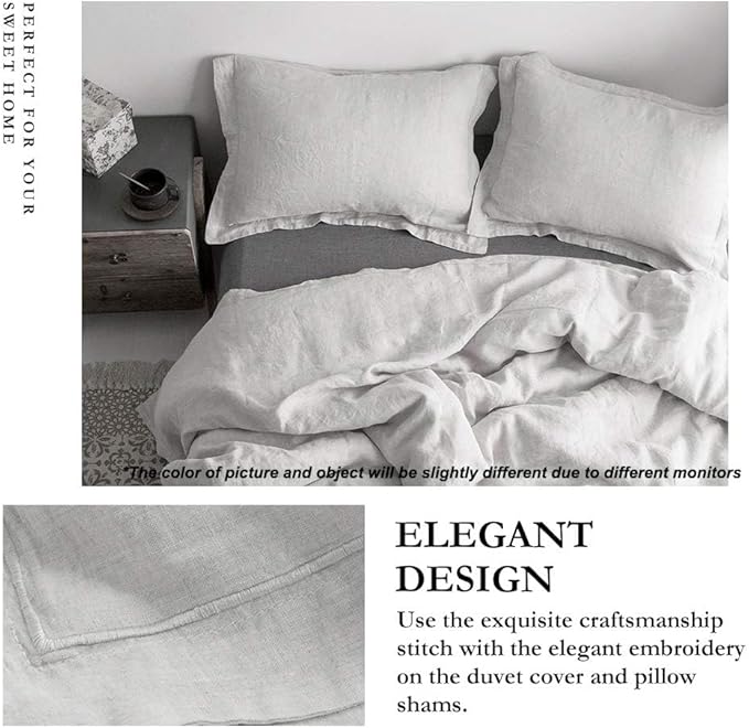Simple&Opulence 100% Linen Duvet Cover Set with Embroidery Border Washed - 3 Pieces (1 Duvet Cover with 2 Pillow Shams) with Button Closure Soft Breathable Farmhouse - Light Grey, Queen Size