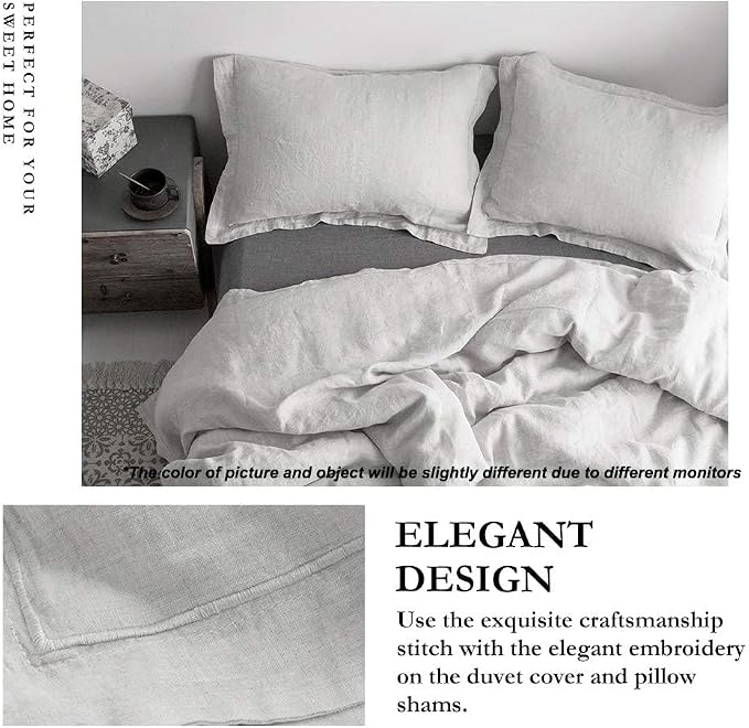 Simple&Opulence 100% French Flax Linen Duvet Cover Set with Embroidery Washed - 3 Pieces (1 Duvet Cover with 2 Pillow Shams) with Button Closure Soft Breathable Farmhouse - Light Grey, King Size